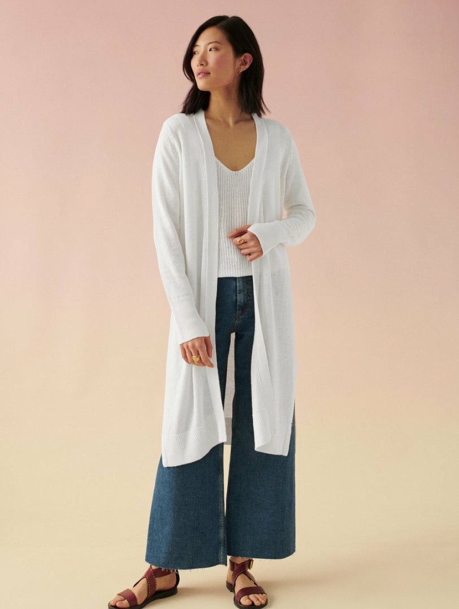 Apparel * | White + Warren Linen Long Open Cardigan White