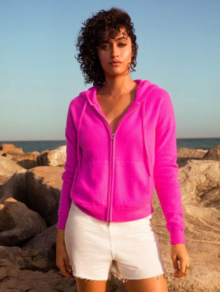 Apparel * | White + Warren Cashmere Zip Up Hoodie Almost Gone Electric Fuchsia