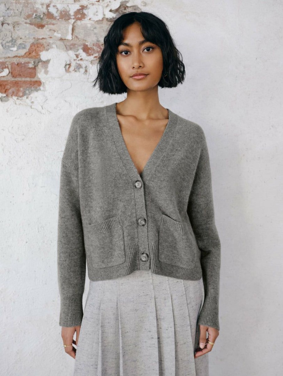 Apparel * | White + Warren Cardigans Cashmere Cropped V Neck Cardigan Grey Heather