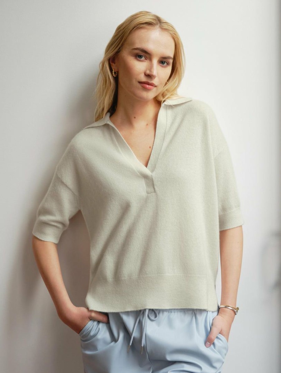 Apparel * | White + Warren Sweaters Cashmere Polo Top Light Stone