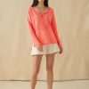 Apparel * | White + Warren Linen Slub Lace Up Top Neon Coral