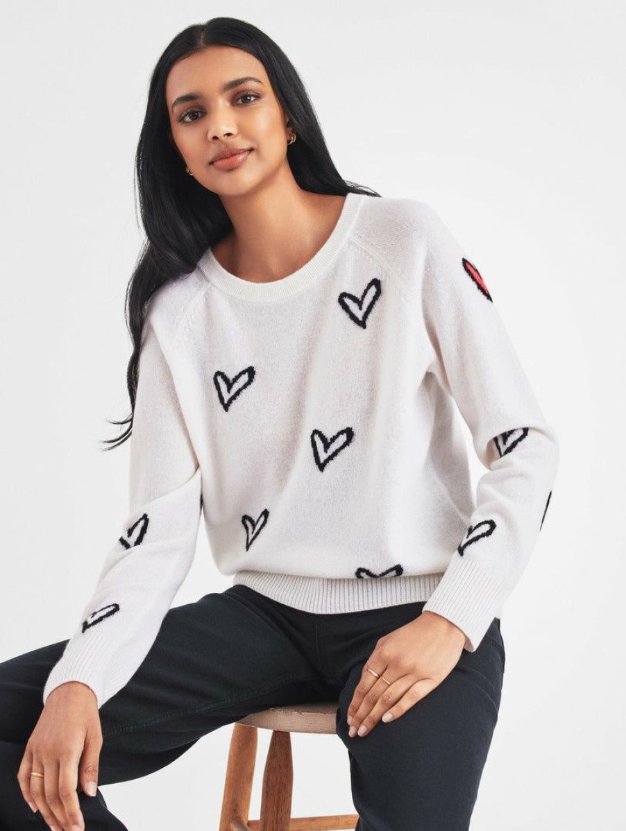 Apparel * | White + Warren Pattern Shop Cashmere Heart Intarsia Sweatshirt White Combo