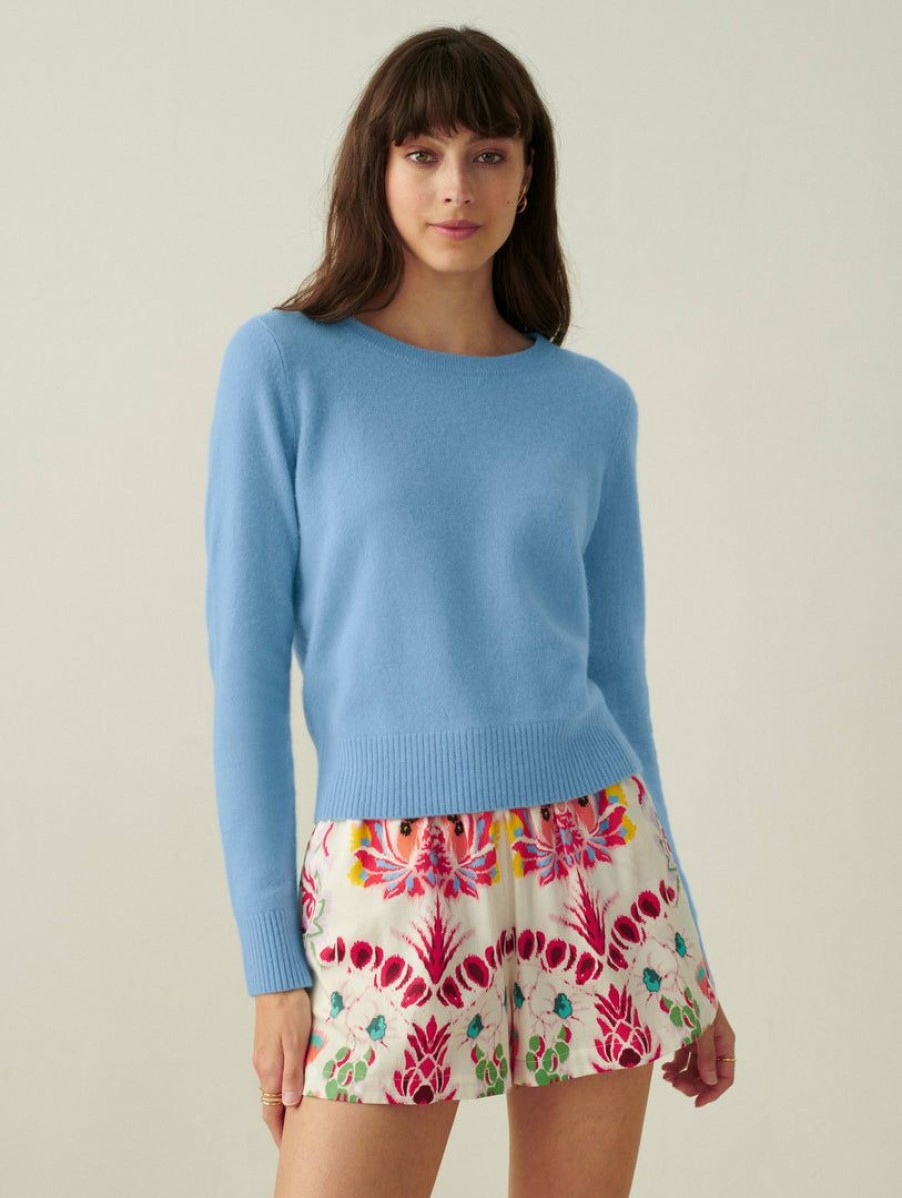 Apparel * | White + Warren The New Twinset Essential Cashmere Shrunken Crewneck Blue Breeze