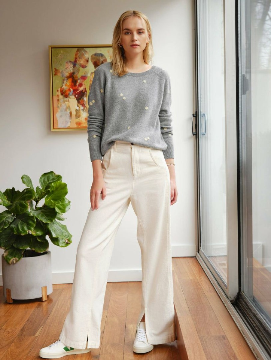 Apparel * | White + Warren Cashmere Embroidered Daisy Sweatshirt Grey Heather Combo