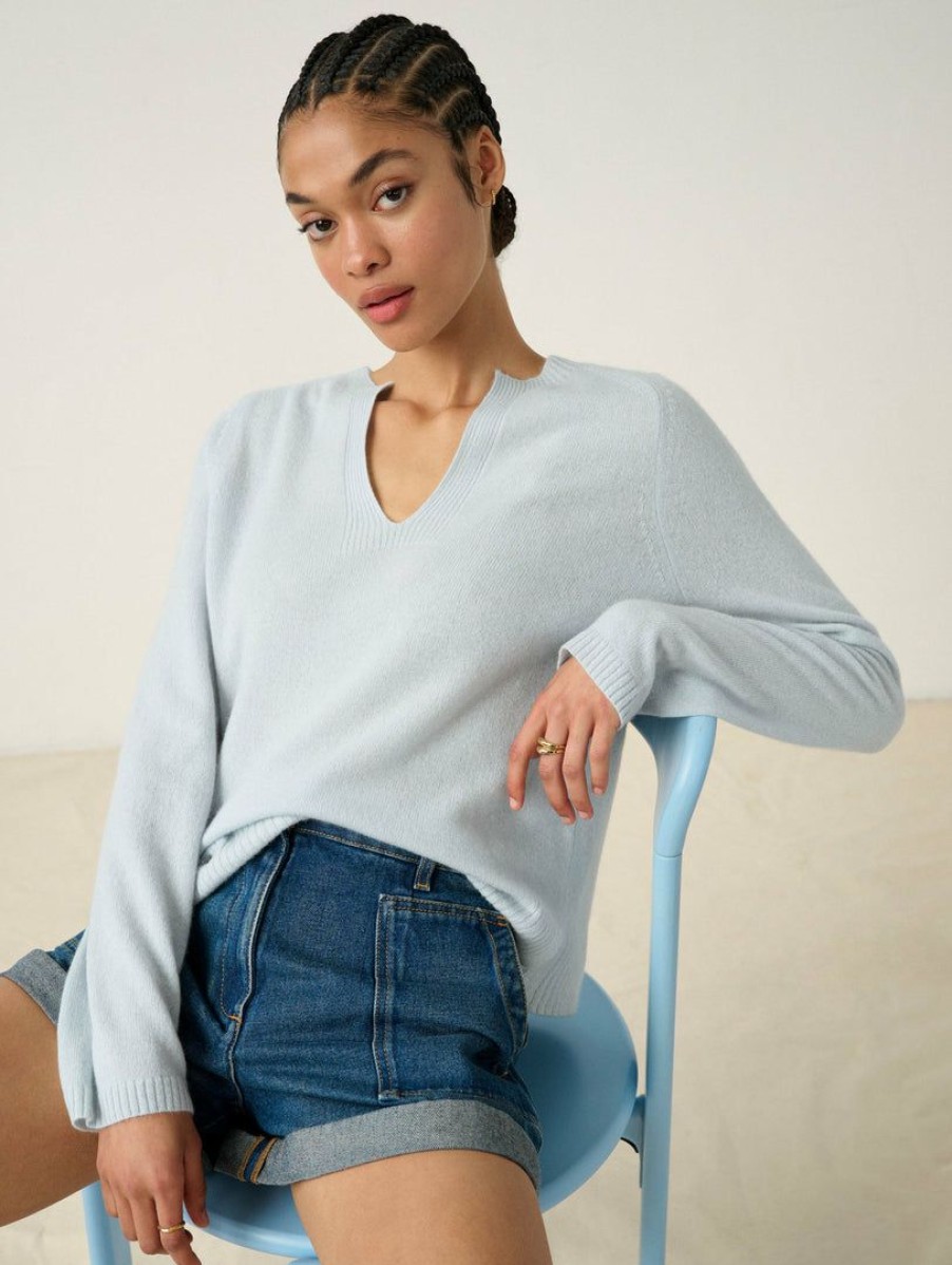 Apparel * | White + Warren Cashmere Split Neck Pullover Hydrangea