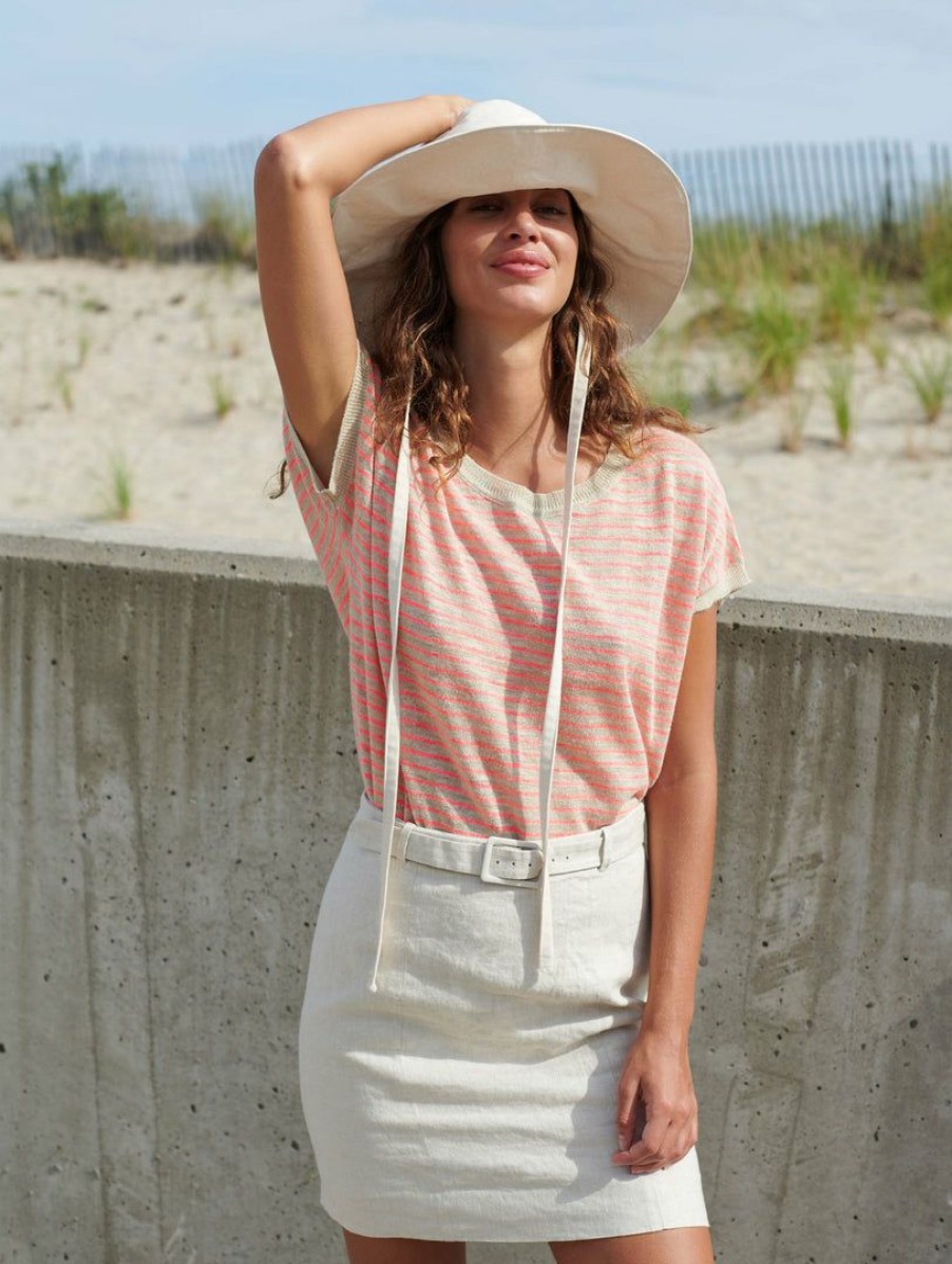 Apparel * | White + Warren Vacation Wardrobe Linen Slub Striped Tee Sand/Neon Coral