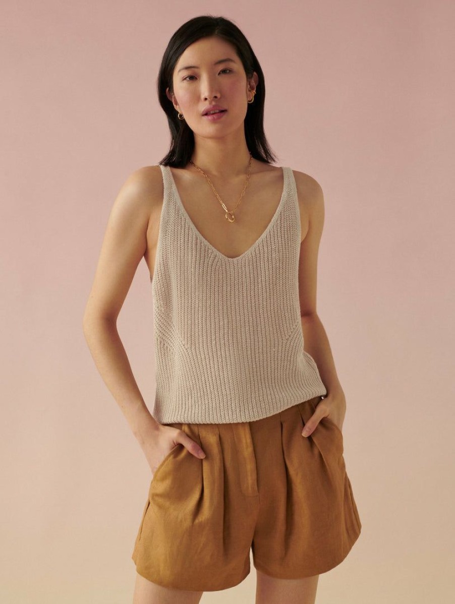 Apparel * | White + Warren Linen Ribbed V Neck Tank Vacation Wardrobe Oatmeal