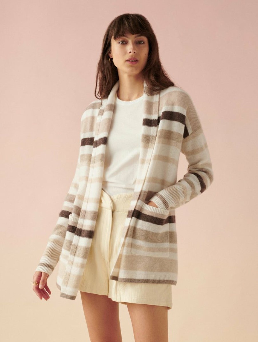 Apparel * | White + Warren Luxe Cashmere Striped Cardigan Neutral Combo