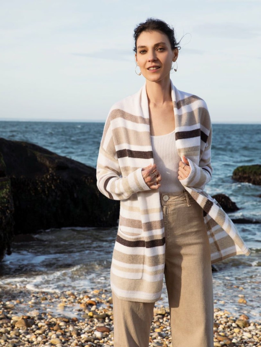 Apparel * | White + Warren Luxe Cashmere Striped Cardigan Neutral Combo