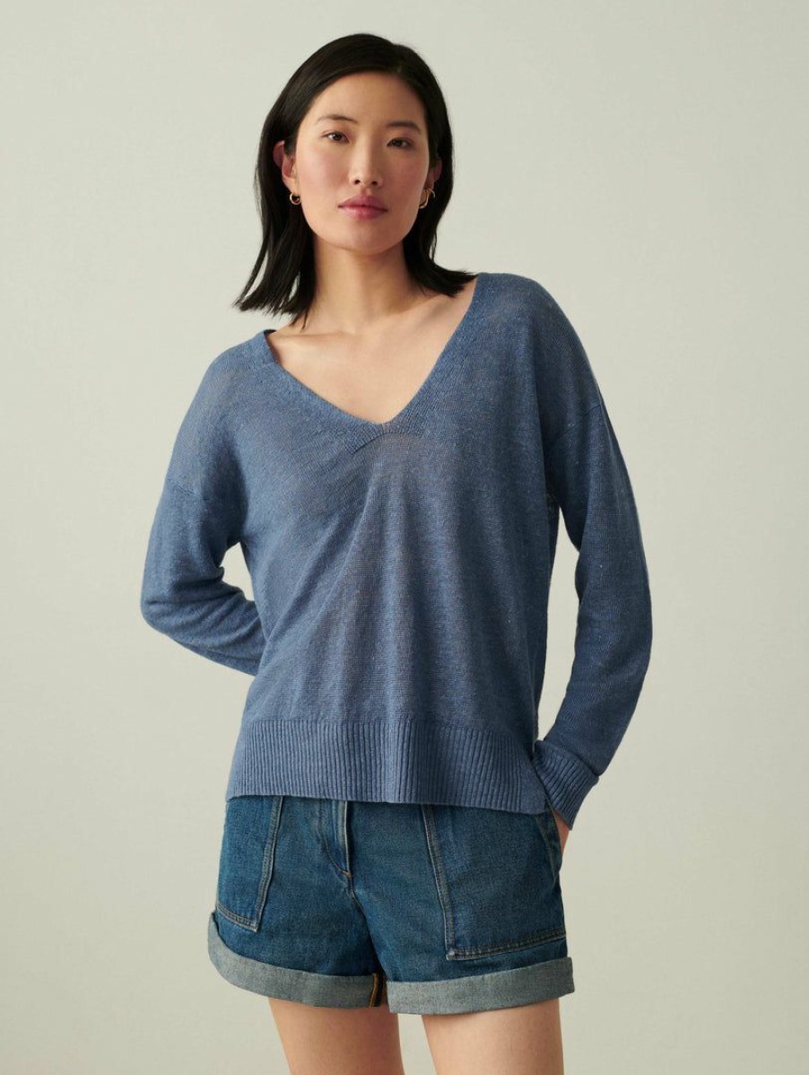 Apparel * | White + Warren Linen Easy V Neck Dusk Heather