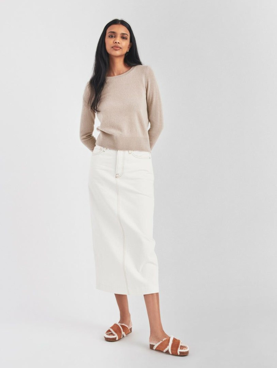 Apparel * | White + Warren Sweaters Essential Cashmere Shrunken Crewneck Jute Heather